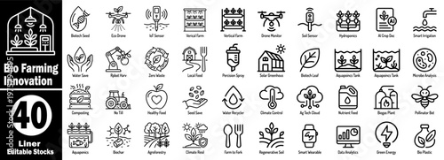 Editable line icons for bio farming innovation and advanced agritech vector illustration.