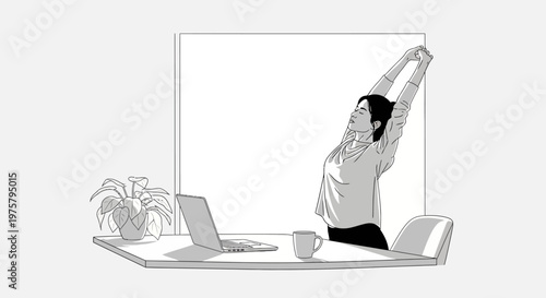 Remote worker stretching at desk with laptop and coffee