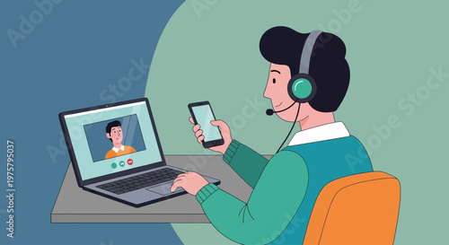 Remote worker with headset and phone