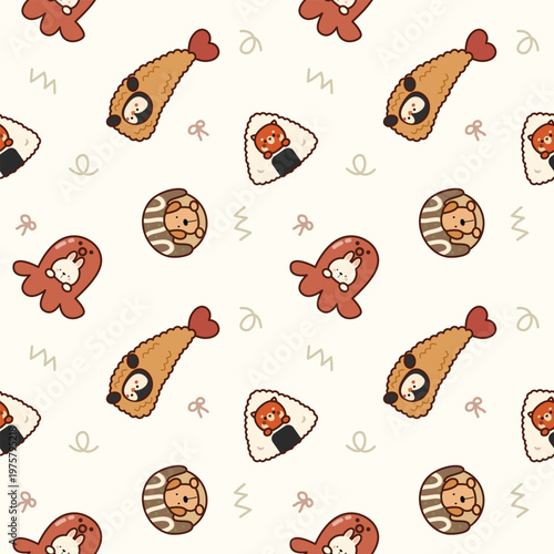 Animal in Japanese food cartoon so cute. On rabbit red panda penguin dog Squid onigiri tempura takoyaki bow doodle background. Pattern seamless vector illustration. 
