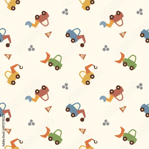 Vehicle colorful cartoon so cute. On backhoe front loader crane wrecking ball rock traffic cone background. Pattern seamless vector illustration. 