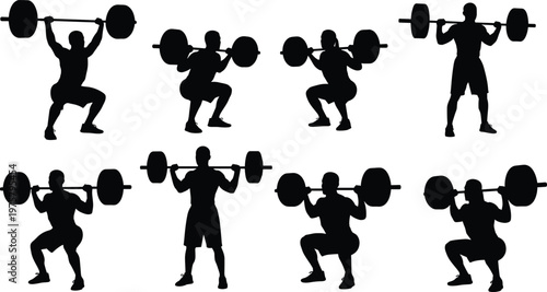 Fitness bodybuilder weightlifting silhouette collection with man performing squats deadlift overhead press exercises for gym logo workout training health club and athletic sports vector