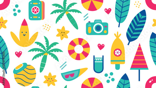 Summer vacation icons, beach symbols, tropical travel elements, colorful illustrations