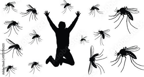Man jumping in panic surrounded by mosquito swarm silhouette for malaria prevention dengue fever awareness pest control health warning and insect attack vector