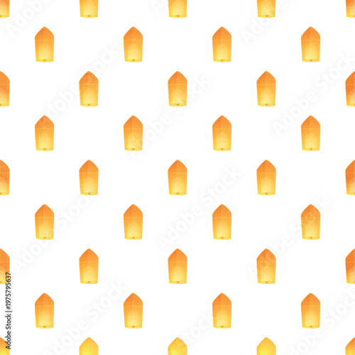 Orange and yellow sky lanterns creating a repeating pattern on white background