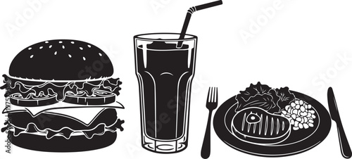 Food and drink illustration with burger, soda, and steak plate