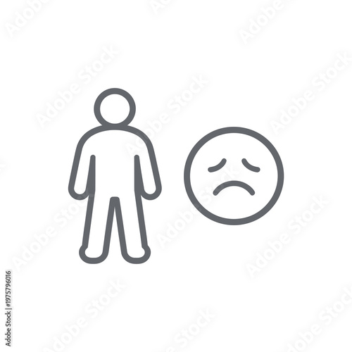 Minimalist vector icon featuring a stick figure person next to a frowning face