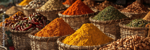 Spices in baskets at a local market during the afternoon sun