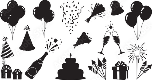 Black and white party celebration icons and symbols set