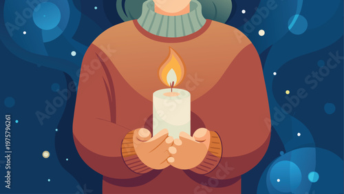 Woman holding candle, peaceful person, calm atmosphere, vector illustration
