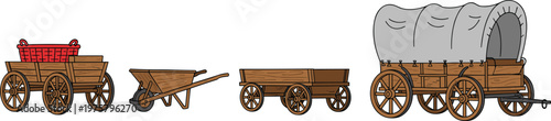 Cartoon wooden carts in colorful vector illustration of wagons and wheelbarrows