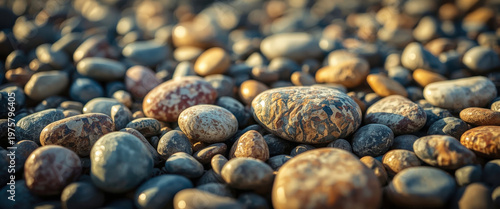 Colorful pebbles on a riverbank during golden hour in nature