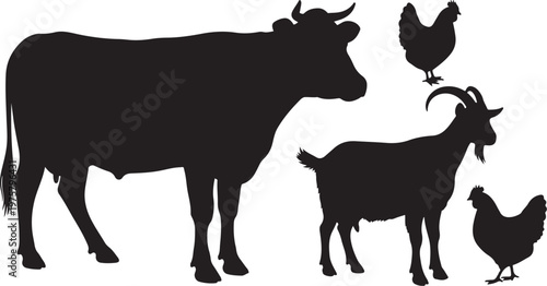 Black silhouettes of farm animals on white background illustration