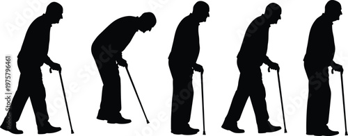 Silhouette sequence of elderly man walking with cane, aging process concept, senior mobility, health decline, retirement life, human lifecycle stages, isolated black illustration