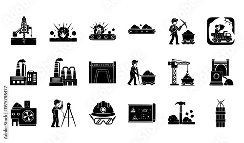 Title:
Mining activity black icons set vector silhouette scenes of mineral extraction and industrial work isolated on white