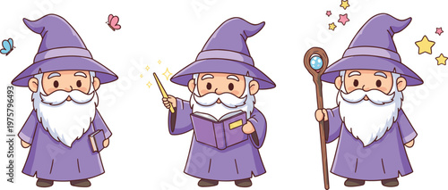 Cartoon wizards in colorful vector illustration of magic, books, wand, and staff design