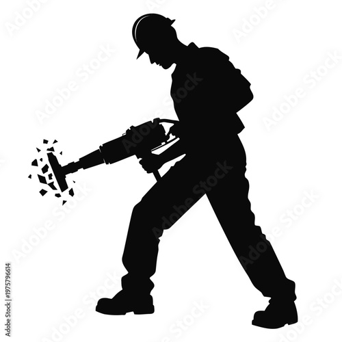 Construction worker, jackhammer silhouette, demolition icon, industrial vector