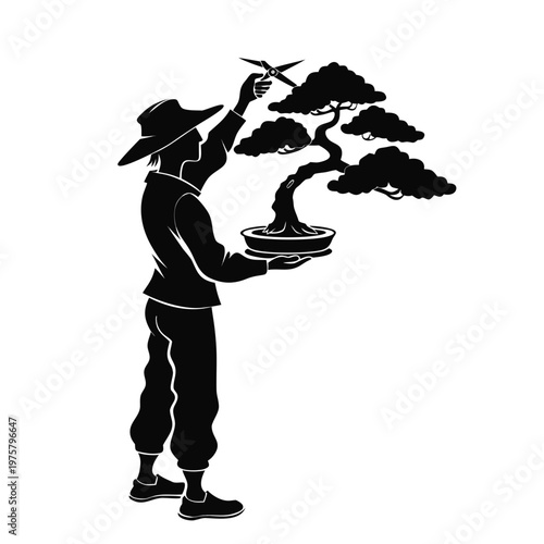 Bonsai tree, gardening, silhouette illustration, plant care, pruning tools