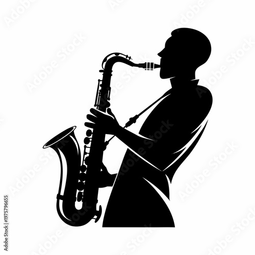 Saxophone player silhouette, jazz musician icon, music instrument symbol, black sax man