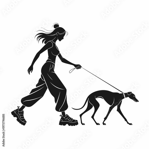 Black silhouette woman walking dog, pet leash, vector illustration, modern minimalist style