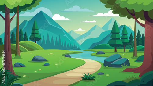 Cartoon landscape, scenic view, mountains, trees, river, path