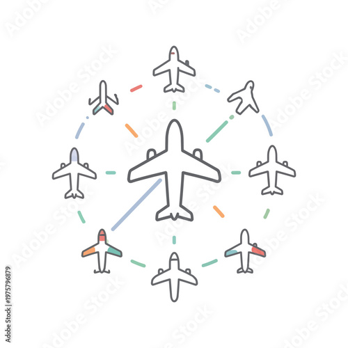Vector of multiple airplanes arranged in a circular network pattern