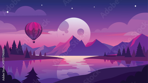 Vibrant landscape, hot air balloon, serene mountain lake, purple sunset