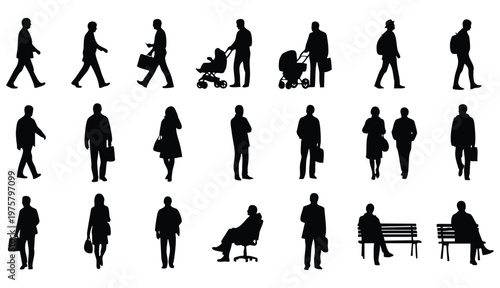 Vector Set of Walking, Standing, and Sitting People Silhouettes for Architectural Visualization

