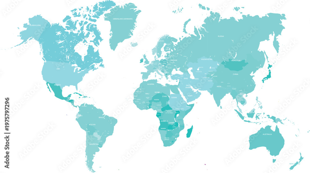 Obraz premium Monochromatic Teal World Map Illustration with Labeled Countries and Textured Minimalist Design