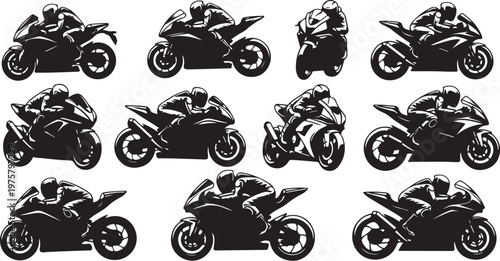 Motorcycle Silhouettes in Various Riding Positions and Angles Shown