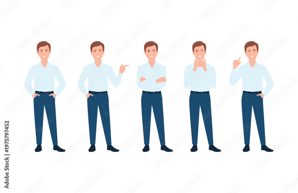 Obraz premium Five cartoon business casual men standing with various gestures on a clean white background