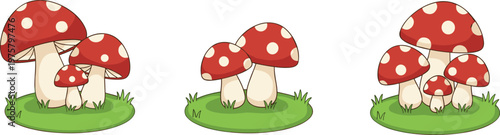 Vector illustration of cartoon mushrooms with red caps and white spots on green grass patches