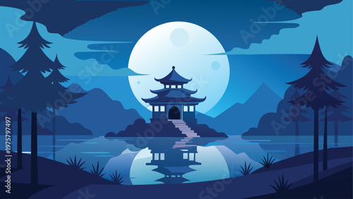 Asian temple, pagoda, moonlit landscape, serene night scene, vector illustration