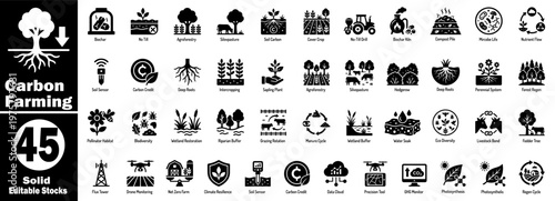 Carbon Farming: Comprehensive solid icon pack for carbon sequestration and ecology.