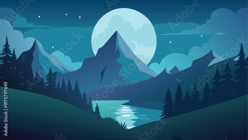 Moonlit Mountains, Night Landscape, Dark Blue Nature Scene, Vector Illustration