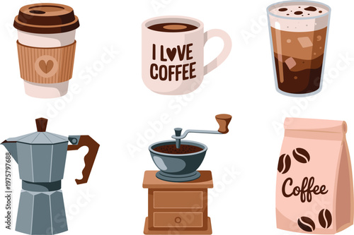 Vector illustration of coffee culture items including cups, mugs, iced coffee, grinder, moka pot, and bag