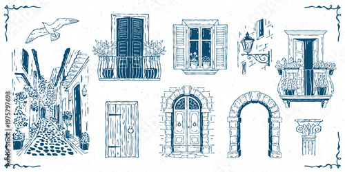 Hand-drawn vector collection of Mediterranean architecture with balconies, windows, doors, arches, narrow streets, and street lamps. Ideal for travel, city, and vintage design