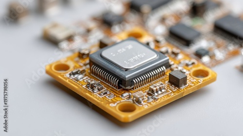 Close up view of a satellite GPS receiver module on a circuit board showcasing advanced positioning technology in clean lighting