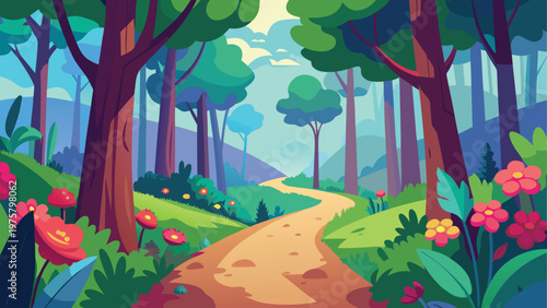 Cartoon forest, scenic landscape, green trees, winding path, colorful flowers