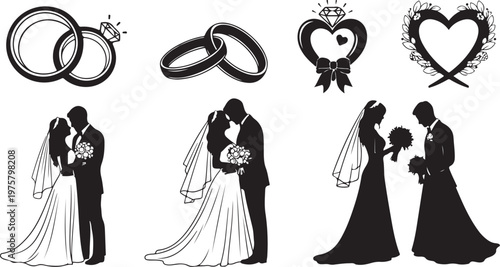 Wedding Silhouettes and Symbols for Love and Marriage Concepts