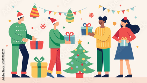 Christmas, festive, people, gifts, tree, holiday, vector icons