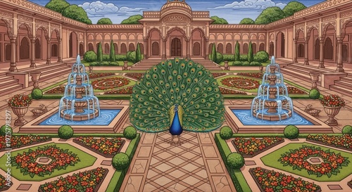 Magnificent Peacock Displayed in an Ornate Courtyard Garden.