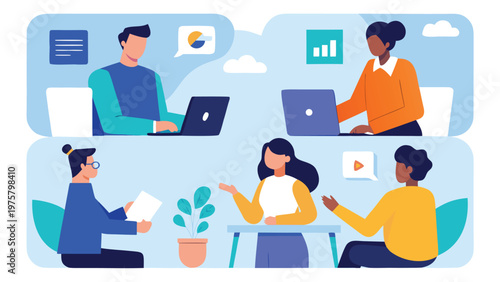 Business team, office collaboration, people working, laptop, communication