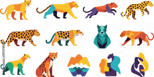 Big Cat Vector Set Leopard Cheetah Lion and Panther Wildlife Collection