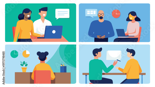 Remote team collaboration, online meeting icons, business communication set, vector graphics