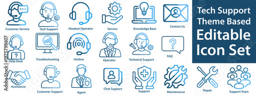 Tech support and customer service icon set featuring help desk, technical assistance, hotline, support, live chat, maintenance, troubleshooting, and call center agent symbols