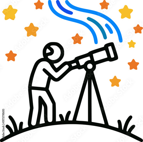 A man standing on a grassy hill looking through a telescope at a sky full of stars and the glowing Milky Way vector illustration