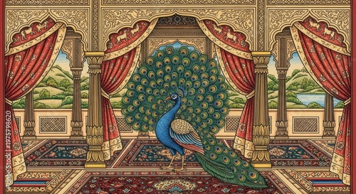 Magnificent Peacock Displayed in Opulent Palace Courtyard.