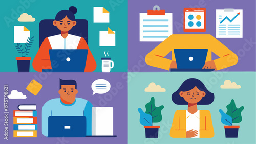 Remote workers, office professionals, laptops, productivity, teamwork