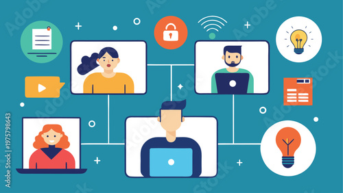 Remote team, online collaboration, communication icons, networking symbols